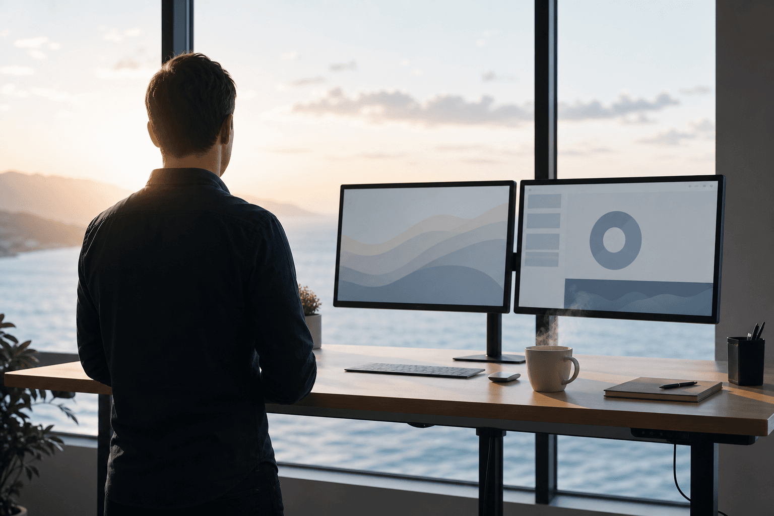An adult at a standing desk learning with focused calm