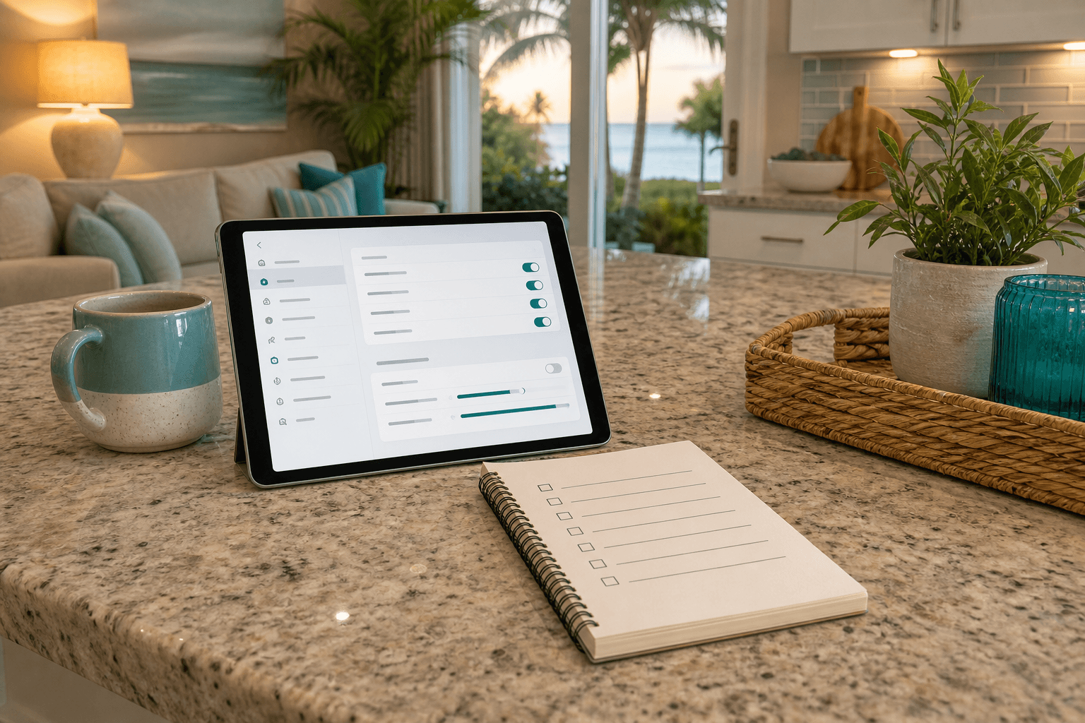 A tablet privacy settings screen on a kitchen counter